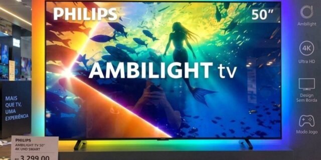 PHILIPS, Smart TV Ambilight 50″ 4K, Titan OS, 50PUG8100/78, Comando de Voz, HDR10+/Dolby Atmos, VRR/ALLM, Bluetooth