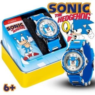 Relógio analógico infantil Sonic The Hedgehog pulseira azul clássica, mostrador de ensino do tempo, durável e resistente à água, caixa de lata colecionável incluída