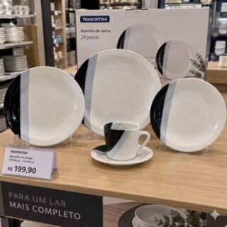 Aparelho de Jantar e Chá 20 Peças Cerâmica Brasilia Redondo Branco e Preto Atual