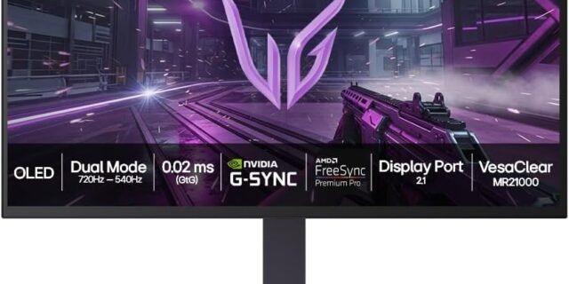 LG UltraGear Monitor Gamer OLED 27″ OLED Dual-Mode (QHD 540Hz <-> FHD 720Hz) 0.02ms (GtG) QHD Full HD HDR True Black 500 NVIDIA G-SYNC AMD FreeSync Premium Pro VESA ClearMR 21000, Preto – 27GX790B