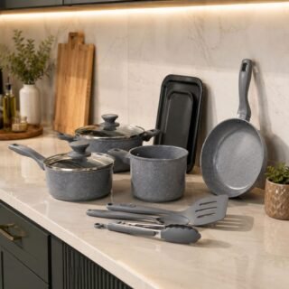 Black+decker Jogo De Panelas 9 Peças Ceramic Line – Corpo Com Revestimento Cerâmico Antiaderente Com Acabamento Marmorizado Grey Marble, Base Compatível Com Indução