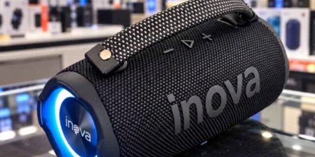 INAVA Caixa de Som Bluetooth 5.4 com Música 12 Horas por Dia – Som Estéreo Explosivo, Luzes RGB Coloridas, Impermeável IPX6 – Sua Companheira Perfeita para Praia, Acampamento e Festas (Azul)